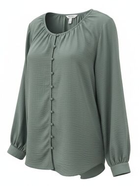 Nine West Sage Green Button-Front Long Sleeve Blouse